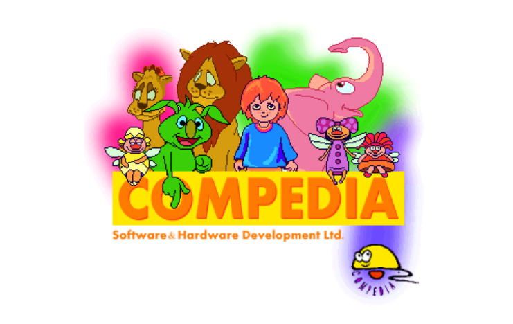 Compedia fairies, Timmy, Gordi, lions, and elephant popping out of a rectangular yellow box with text saying Compedia, Software & Hardware Development Ltd.