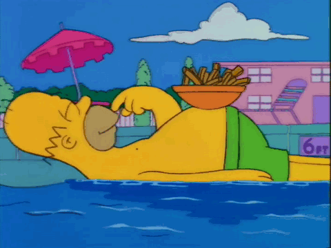 Homer eating fries in swimming pool
